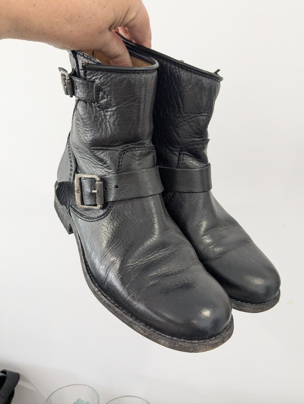 Frye Black Leather Buckle Moto Boots